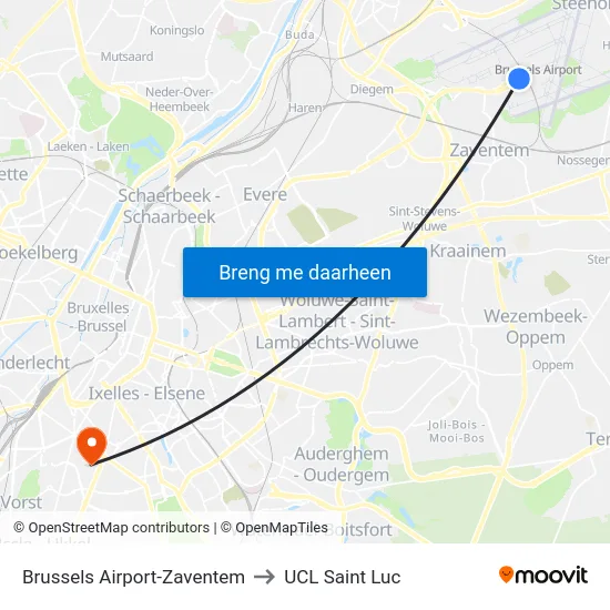 Brussels Airport-Zaventem to UCL Saint Luc map