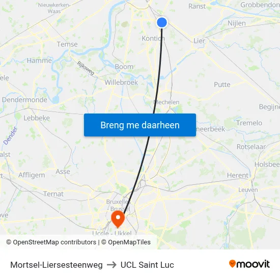 Mortsel-Liersesteenweg to UCL Saint Luc map