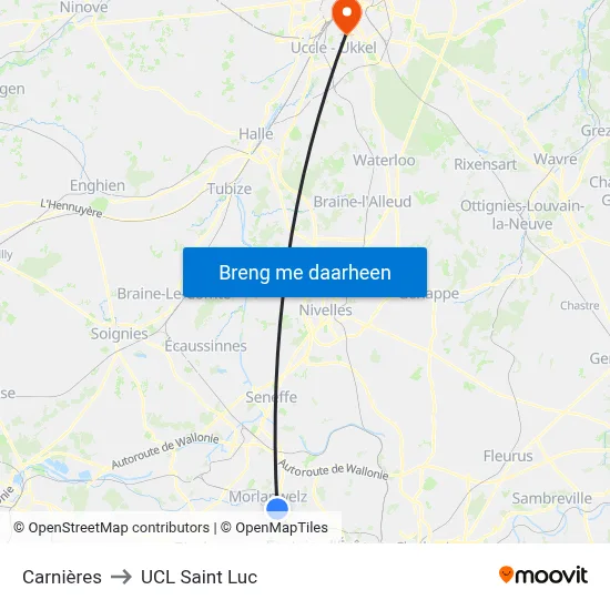 Carnières to UCL Saint Luc map