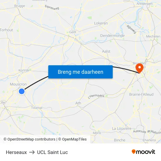 Herseaux to UCL Saint Luc map