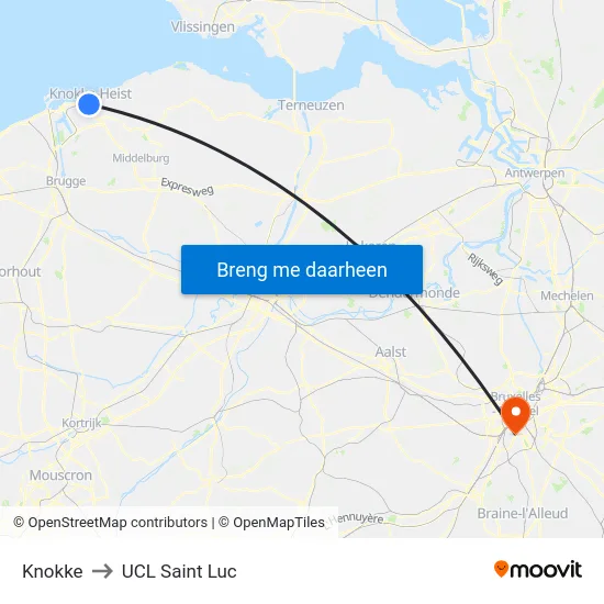 Knokke to UCL Saint Luc map