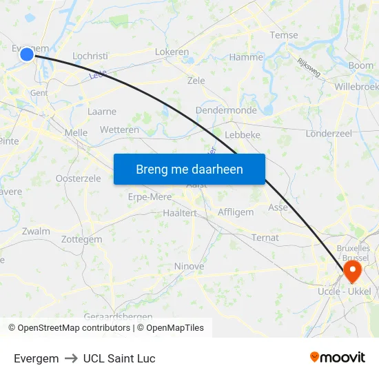 Evergem to UCL Saint Luc map