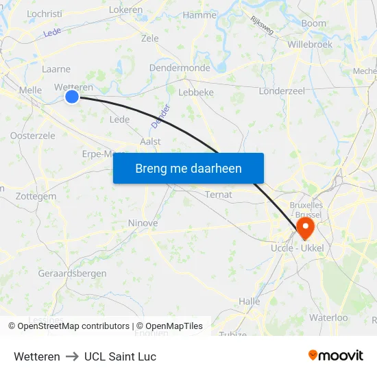 Wetteren to UCL Saint Luc map