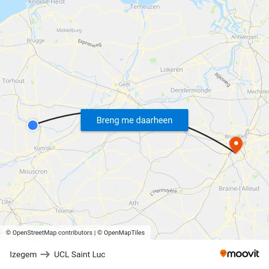 Izegem to UCL Saint Luc map