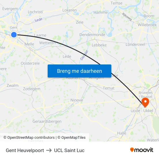Gent Heuvelpoort to UCL Saint Luc map