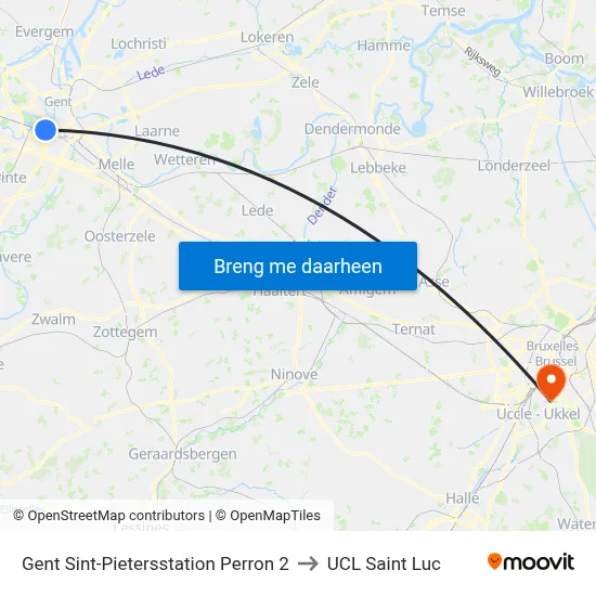 Gent Sint-Pietersstation Perron 2 to UCL Saint Luc map