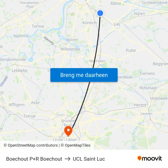 Boechout P+R Boechout to UCL Saint Luc map