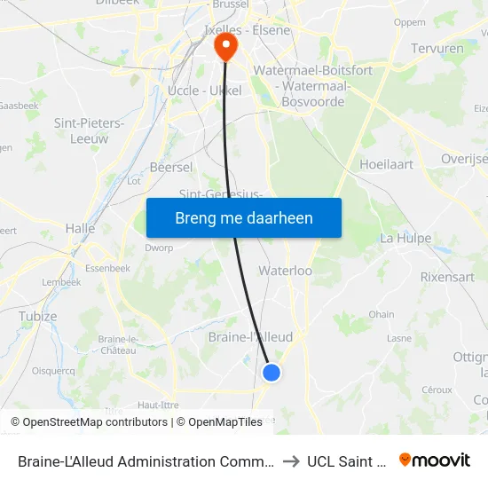 Braine-L'Alleud Administration Communale to UCL Saint Luc map