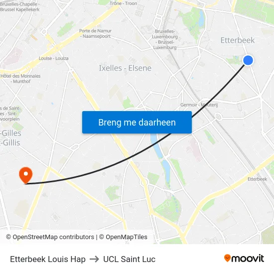 Etterbeek Louis Hap to UCL Saint Luc map