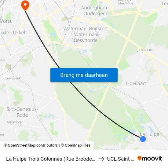 La Hulpe Trois Colonnes (Rue Broodcoorens) to UCL Saint Luc map