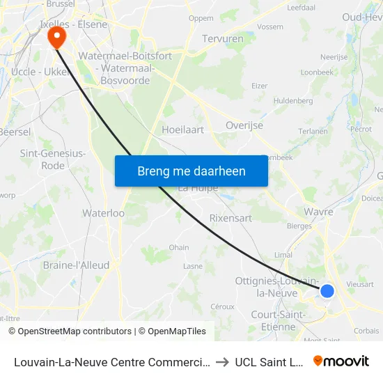 Louvain-La-Neuve Centre Commercial to UCL Saint Luc map