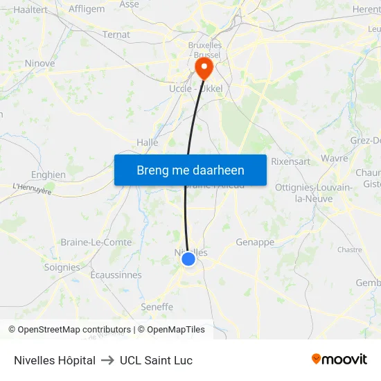 Nivelles Hôpital to UCL Saint Luc map