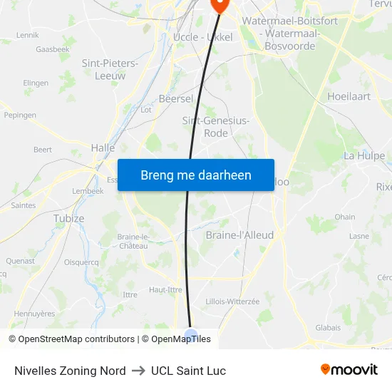 Nivelles Zoning Nord to UCL Saint Luc map