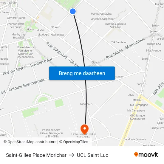 Saint-Gilles Place Morichar to UCL Saint Luc map