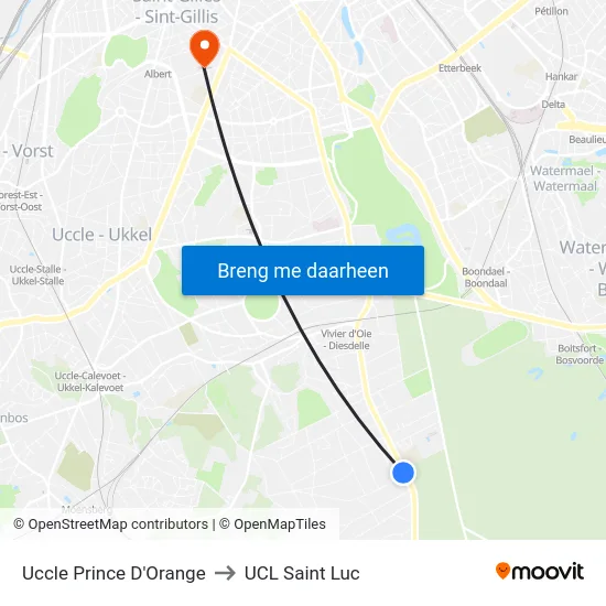 Uccle Prince D'Orange to UCL Saint Luc map