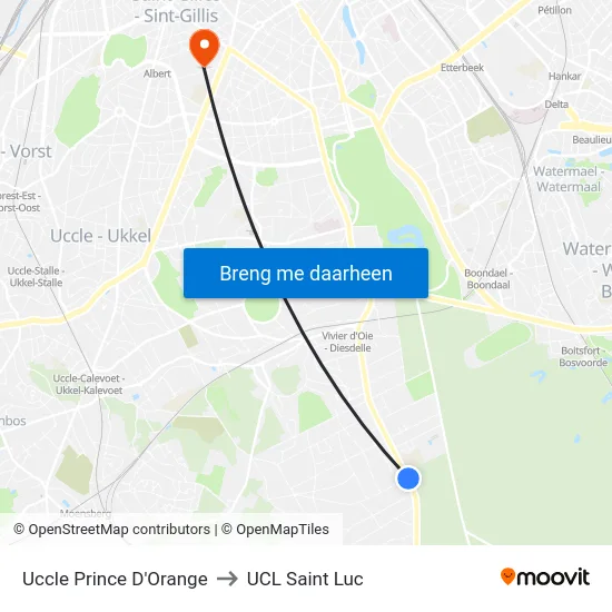 Uccle Prince D'Orange to UCL Saint Luc map