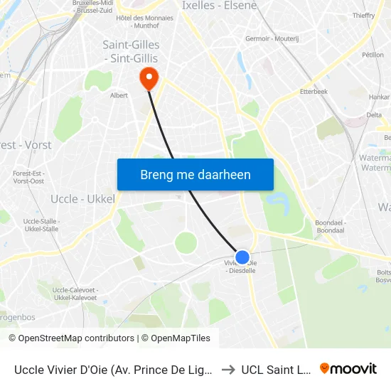 Uccle Vivier D'Oie (Av. Prince De Ligne) to UCL Saint Luc map