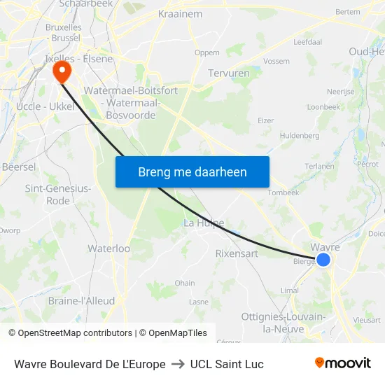 Wavre Boulevard De L'Europe to UCL Saint Luc map
