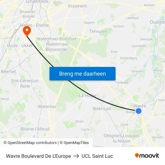 Wavre Boulevard De L'Europe to UCL Saint Luc map