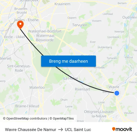 Wavre Chaussée De Namur to UCL Saint Luc map