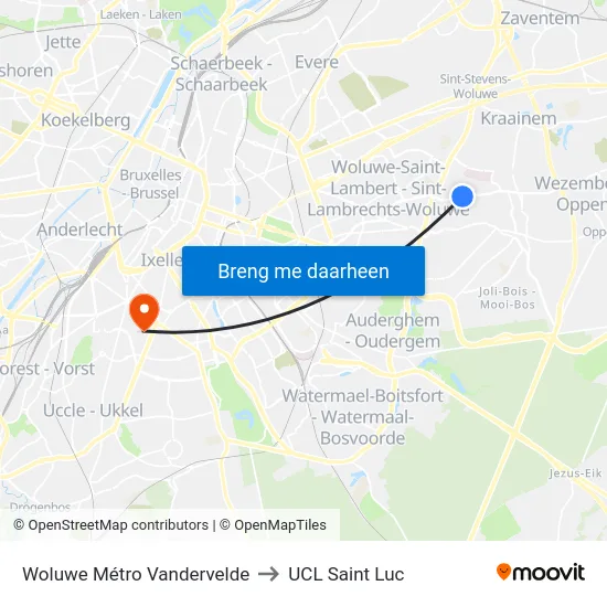 Woluwe Métro Vandervelde to UCL Saint Luc map