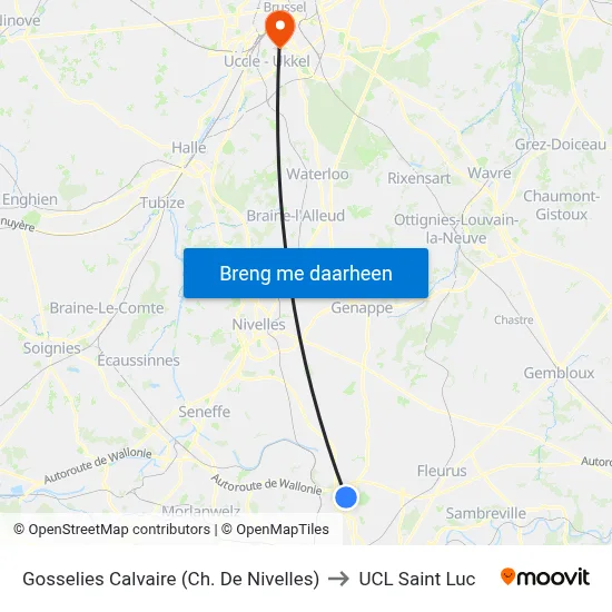 Gosselies Calvaire (Ch. De Nivelles) to UCL Saint Luc map
