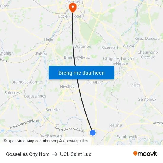 Gosselies City Nord to UCL Saint Luc map
