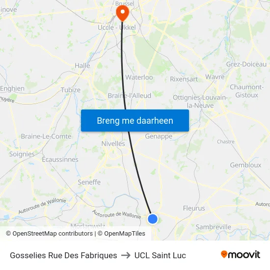 Gosselies Rue Des Fabriques to UCL Saint Luc map