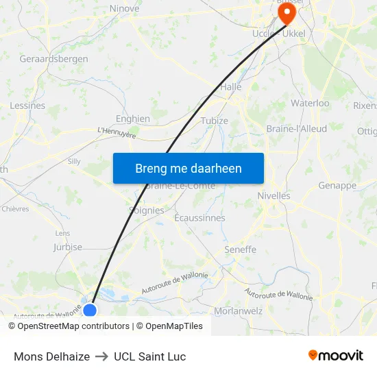 Mons Delhaize to UCL Saint Luc map