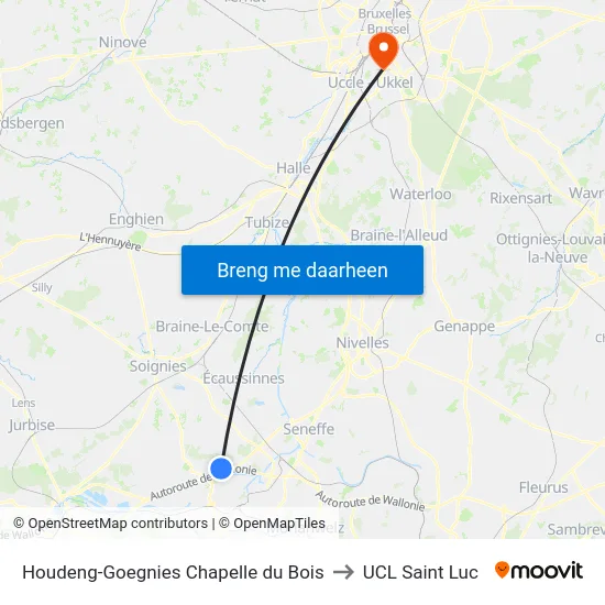 Houdeng-Goegnies Chapelle du Bois to UCL Saint Luc map