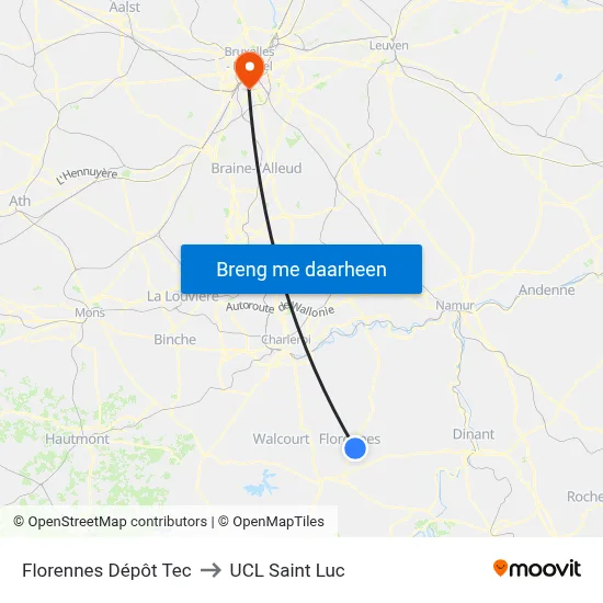 Florennes Dépôt Tec to UCL Saint Luc map