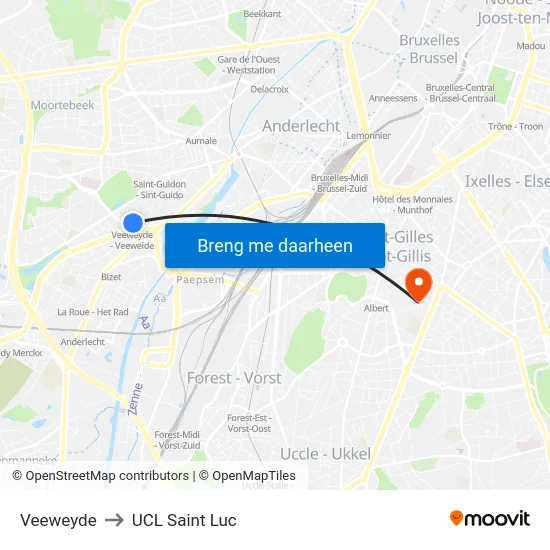 Veeweyde to UCL Saint Luc map