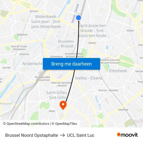 Brussel Noord Opstaphalte to UCL Saint Luc map