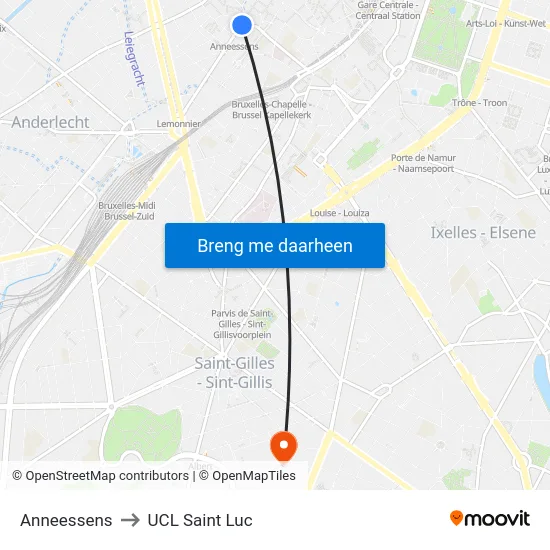 Anneessens to UCL Saint Luc map