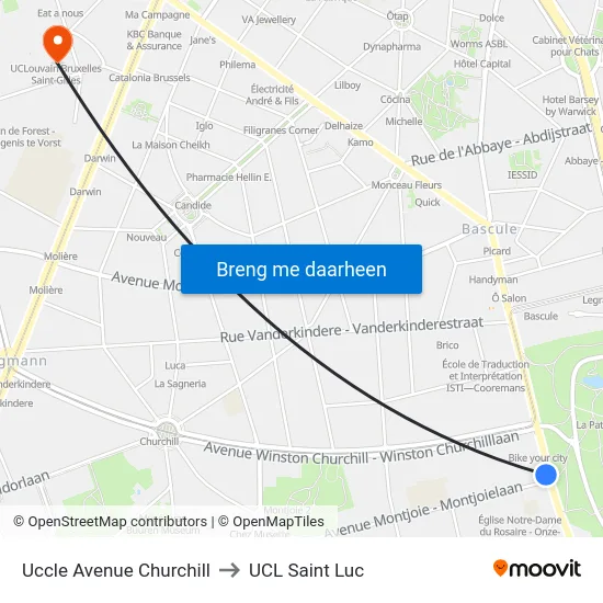Uccle Avenue Churchill to UCL Saint Luc map