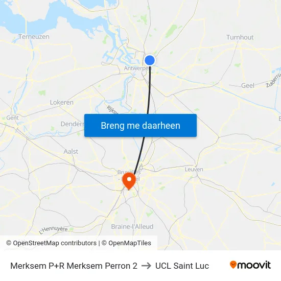 Merksem P+R Merksem Perron 2 to UCL Saint Luc map