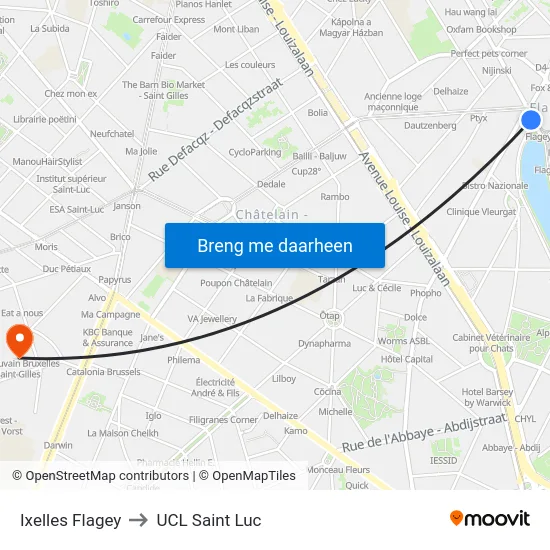 Ixelles Flagey to UCL Saint Luc map