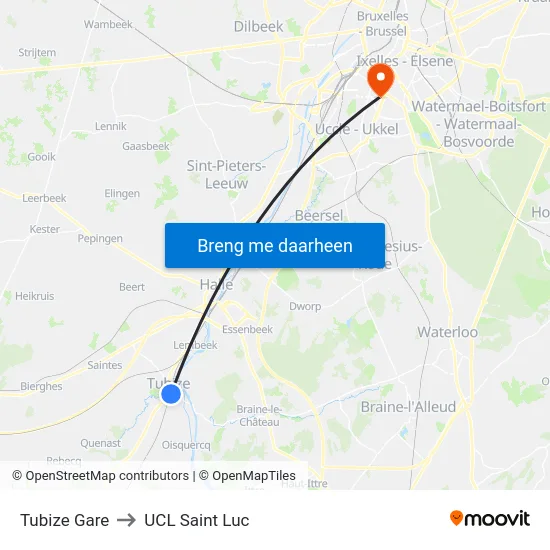 Tubize Gare to UCL Saint Luc map