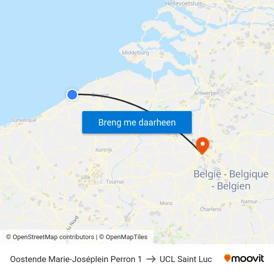 Oostende Marie-Joséplein Perron 1 to UCL Saint Luc map