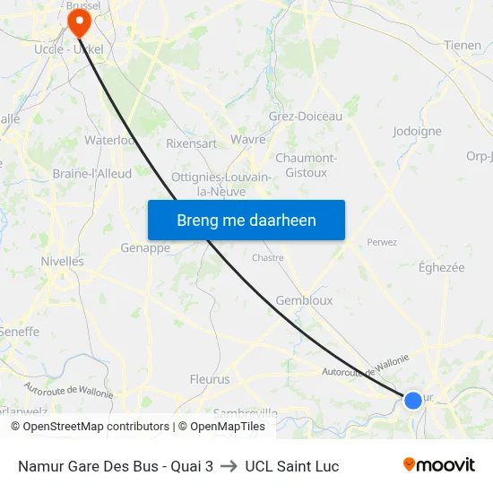Namur Gare Des Bus - Quai 3 to UCL Saint Luc map