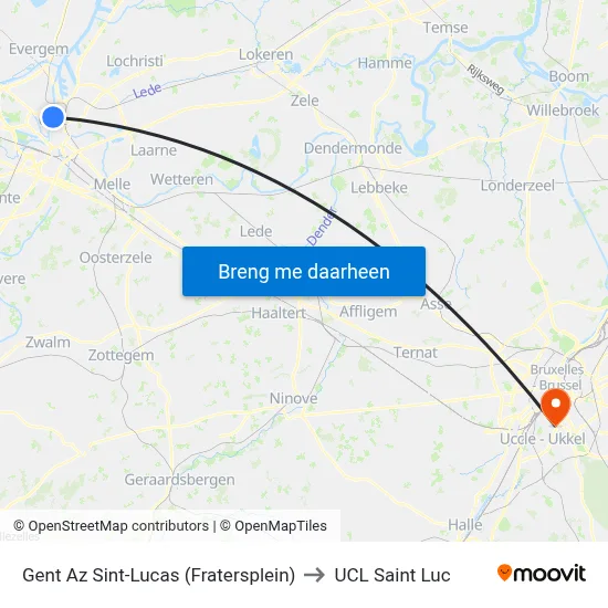 Gent Az Sint-Lucas (Fratersplein) to UCL Saint Luc map