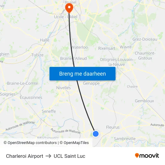 Charleroi Airport to UCL Saint Luc map