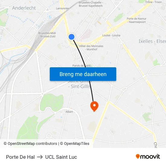 Porte De Hal to UCL Saint Luc map