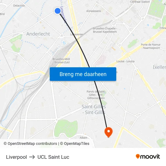 Liverpool to UCL Saint Luc map