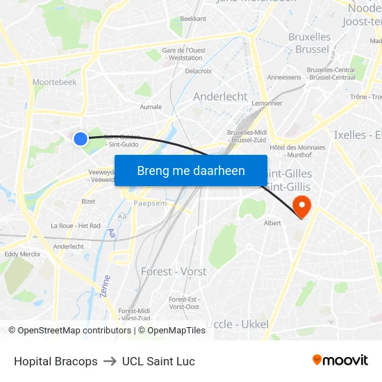Hopital Bracops to UCL Saint Luc map