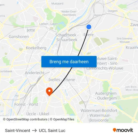 Saint-Vincent to UCL Saint Luc map