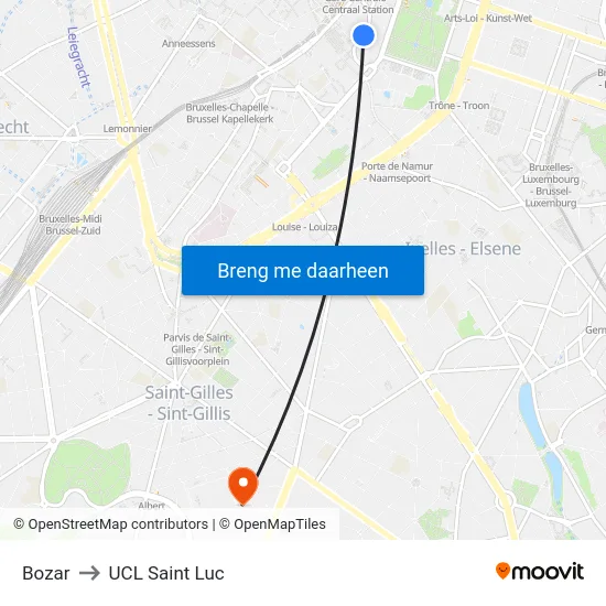 Bozar to UCL Saint Luc map