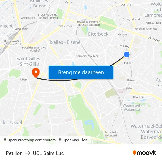 Petillon to UCL Saint Luc map