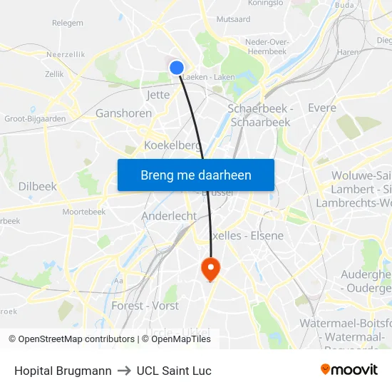 Hopital Brugmann to UCL Saint Luc map
