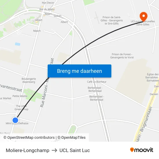 Moliere-Longchamp to UCL Saint Luc map
